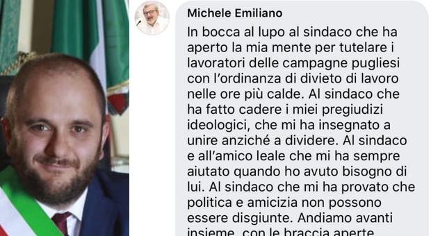 Emiliano, endorsement a Mellone per le Comunali di Nardò: «Mi ha aperto la mente»