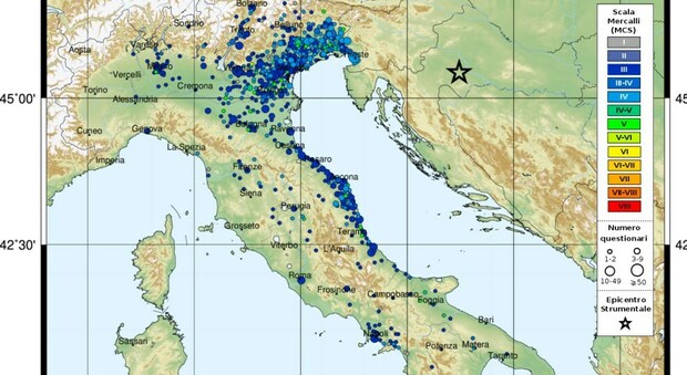 I luoghi dove è stata sentita la scossa in Italia