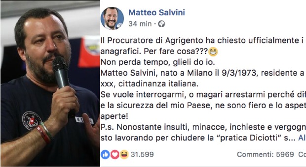 Nave Diciotti, Salvini su Fb: «Il Procuratore chiesto i miei dati, per fare cosa?». Poi attacca la Boldrini: «Pensi agli italiani»