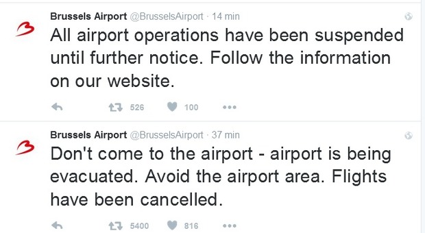I tweet del profilo ufficiale dell'aeroporto di Bruxelles