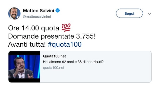 Pensioni Quota 100, Salvini esulta: «3.755 domande presentate, avanti tutta»