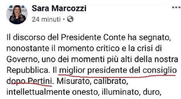 Gaffe di Sara Marcozzi: «Conte miglior premier dopo Pertini». Poi corregge il post