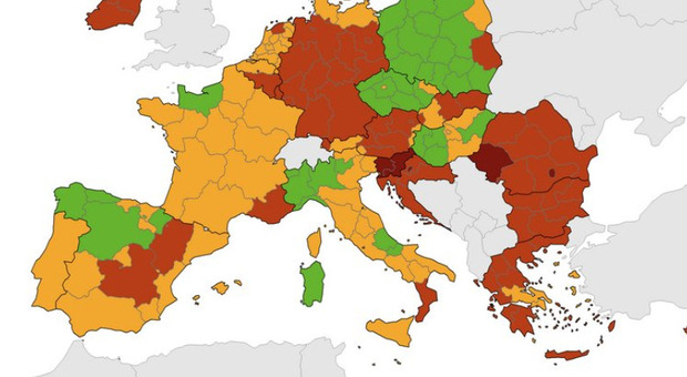 Calabria unica Regione "rossa", in verde nord-ovest, Abruzzo e Sardegna: la mappa Covid dell'Ecdc