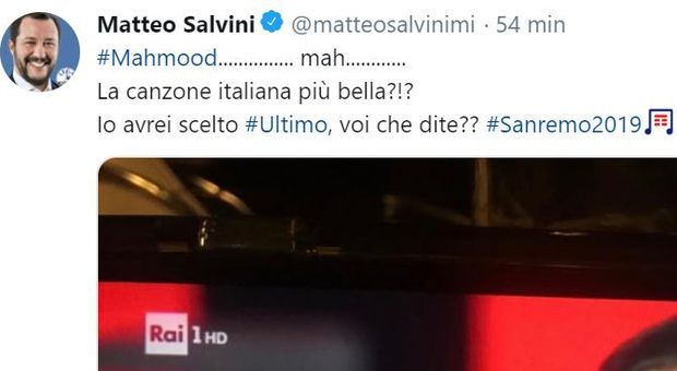 Sanremo 2019, Salvini twitta: «Mah... avrei scelto Ultimo»