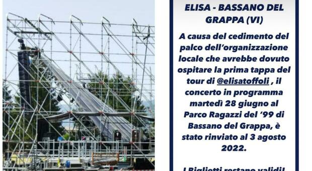 Elisa fa sapere che il concerto a Bassano del Grappa è rinviato ad agosto